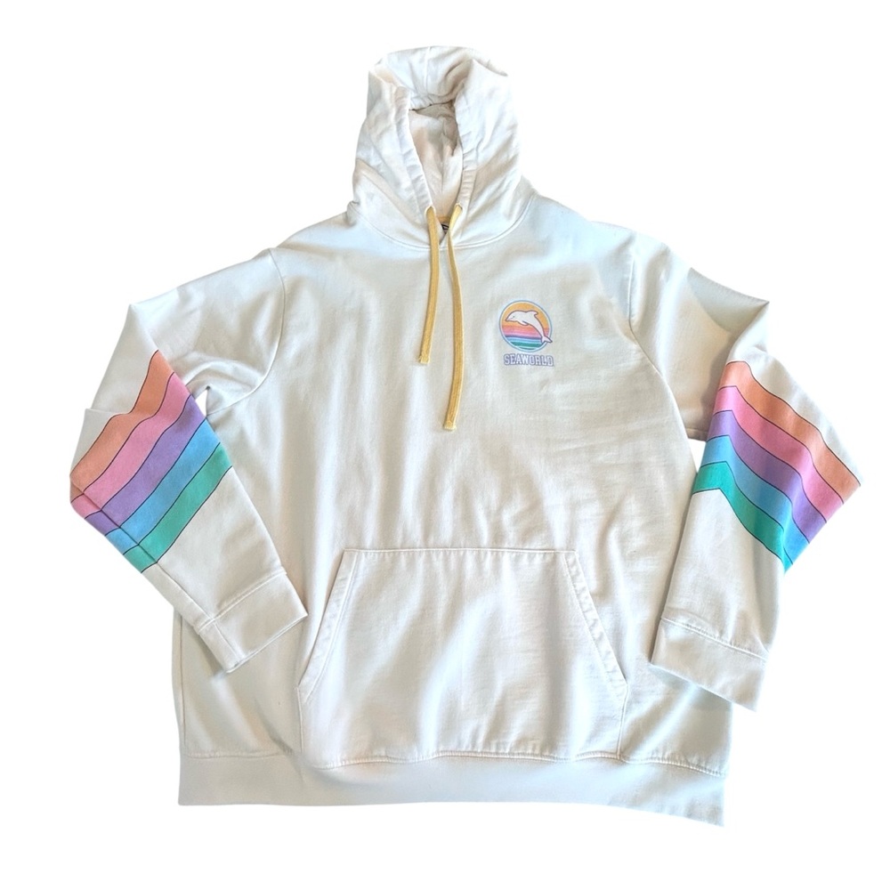 SEA WORLD Cream Color Rainbow Sleeve Dolphin Logo Hoodie Size 2X